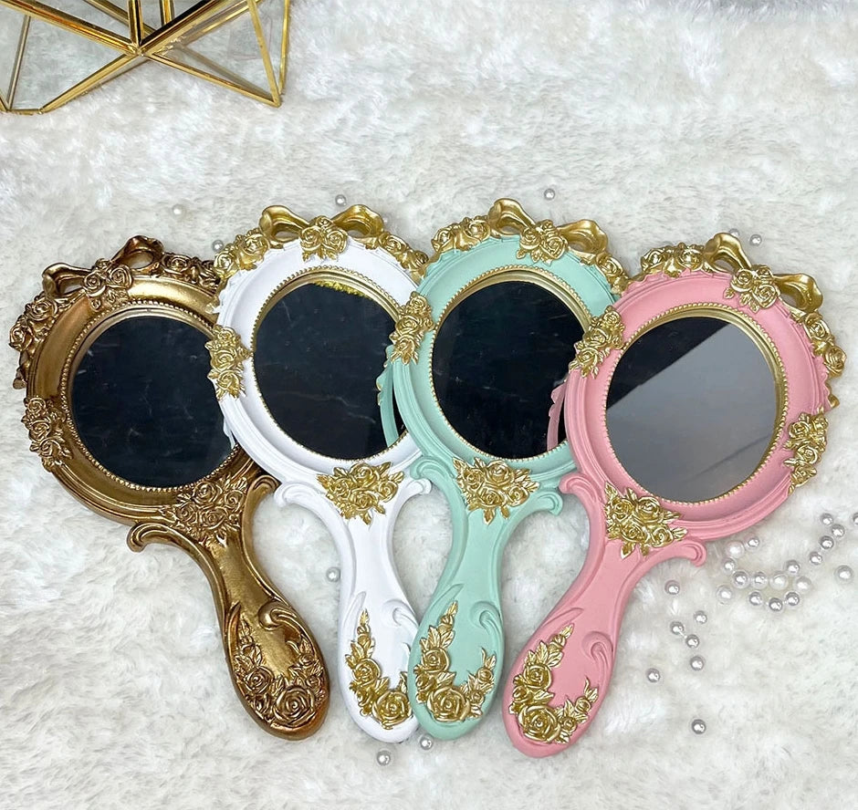 European Vintage Gold Handle Makeup Mirror Baroque Resin Princess Cosmetic Paper Box Exquisite Princess Gift