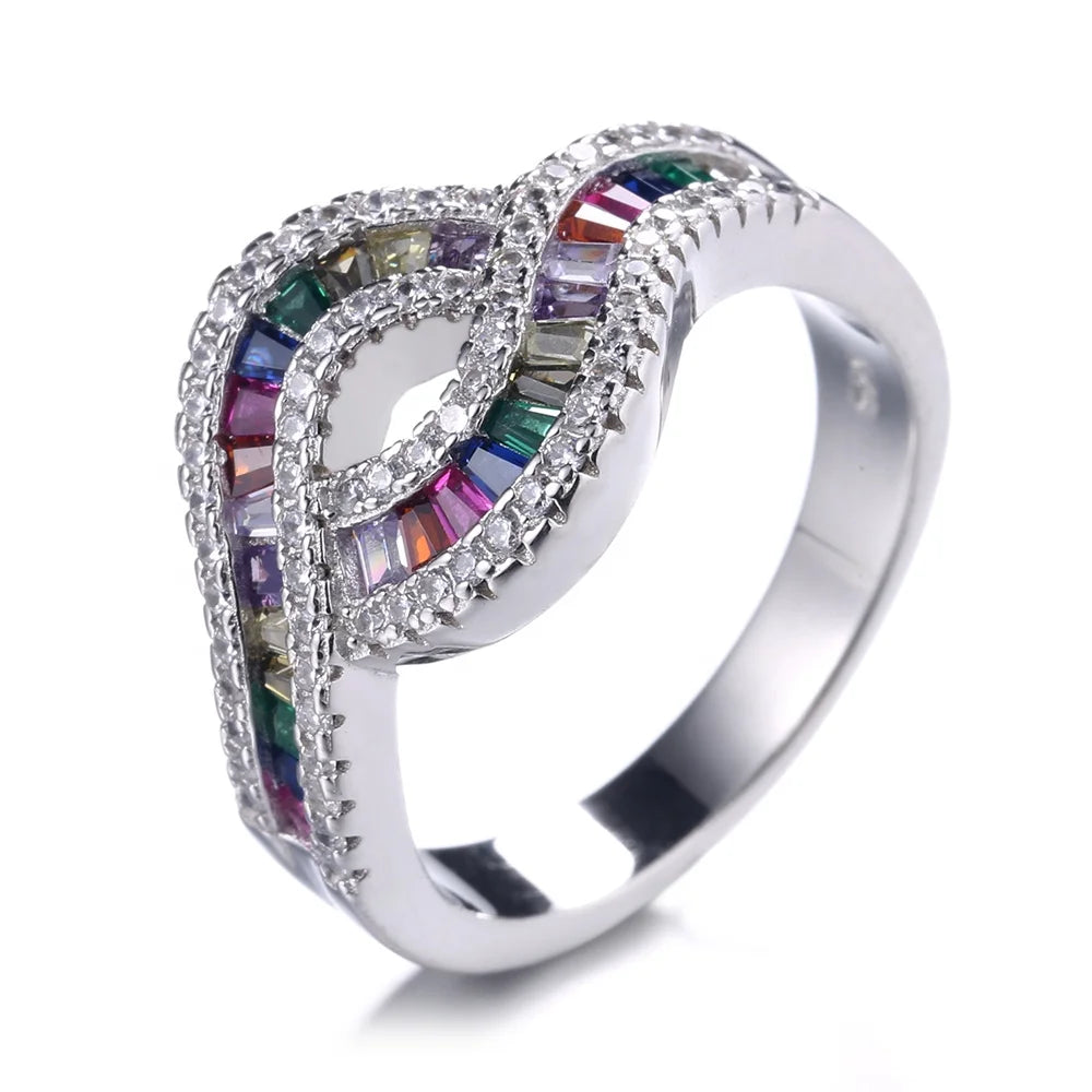 Fashion Rainbow Sterling Silver Colorful Jewelry Ring New Design Cubic Zirconia Ring for Women