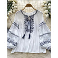 Blusa Feminina O-neck Lantern Sleeve Geometric Embroidery Vintage Blouse Top for Women  Ethnic Style Blusas Autumn Wholesale