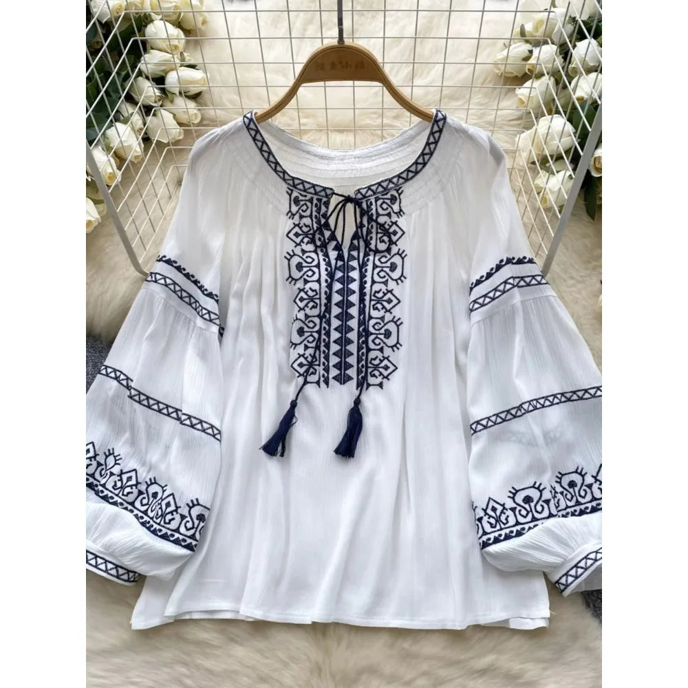 Blusa Feminina O-neck Lantern Sleeve Geometric Embroidery Vintage Blouse Top for Women  Ethnic Style Blusas Autumn Wholesale