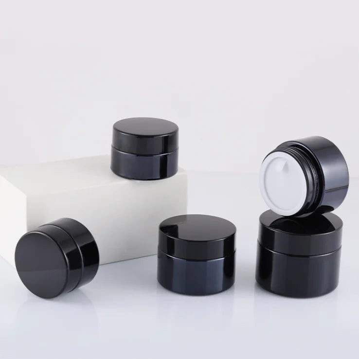 Free Sample Bright Black Cosmetic Beauty Makeup Mason Jars 1oz 30g 30ml Round Cap Skincare Black Glass Cream Jar
