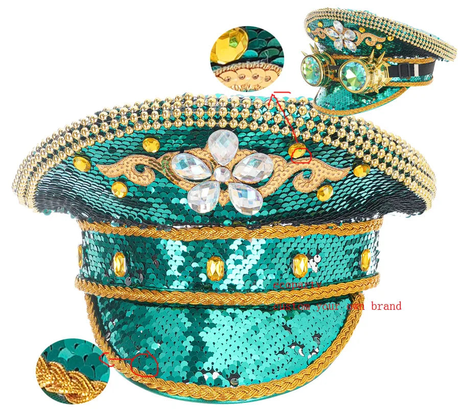 Ecoparty Stage Performance Bride Sergeant Hats for Women Handmade Luxury Rhinestone Hen Do Hat Sequin Burning Fashion Sailor Cap
