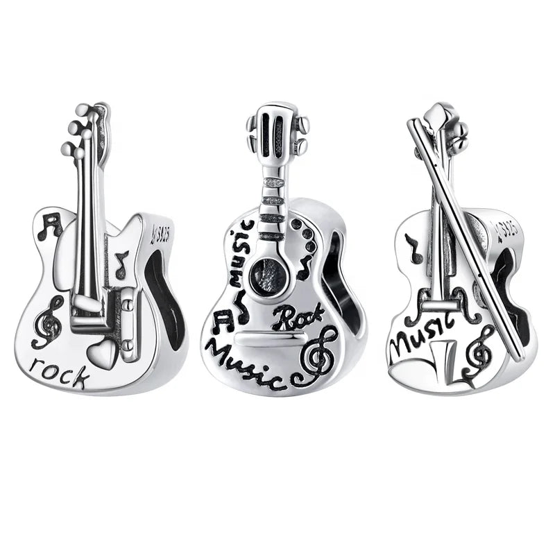 925 Sterling Silver Vintage Bass Violin Music Guitar Charms Beads Pendant Fit Original Bracelet Necklace for Women Jewelry