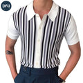 Men's Luxury Summer  Shirt Vintage 60s Style Button-Up Short Length Striped Color Contrast Fit Golf Pattern Yarn Dyed New