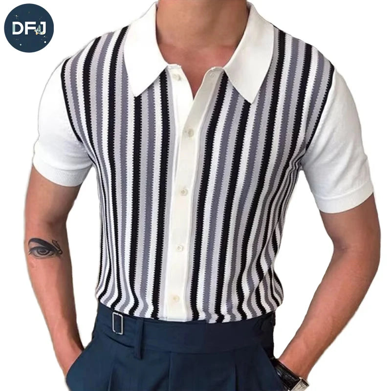 Men's Luxury Summer  Shirt Vintage 60s Style Button-Up Short Length Striped Color Contrast Fit Golf Pattern Yarn Dyed New