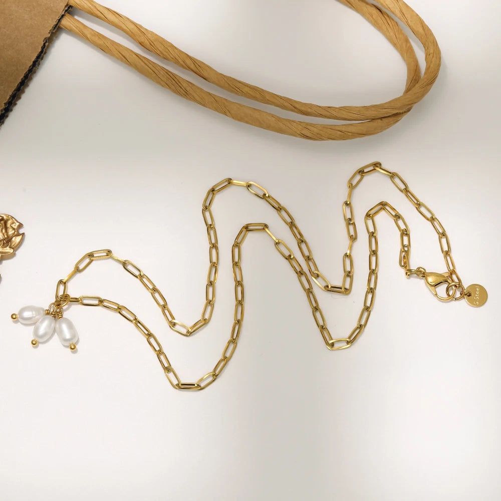 VIANRLA Stainless Steel Necklace Paper Clip Chain Freshwater Pearl Pendant 18K Gold PVD Plated Free Laser Logo Drop Shipping