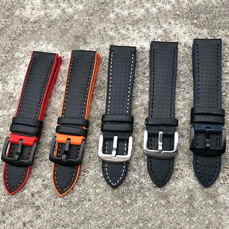 Waterproof Rubber Leather Hybrid Watch Strap Sport Breathable Carbon Fiber Leather Watch Strap FKM Rubber Watchband