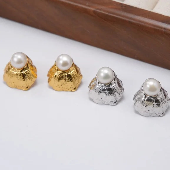Real Real Gold Plated & Platinum- Plated Brass Stud Earrings with Textured Shell & Natural Pearls
