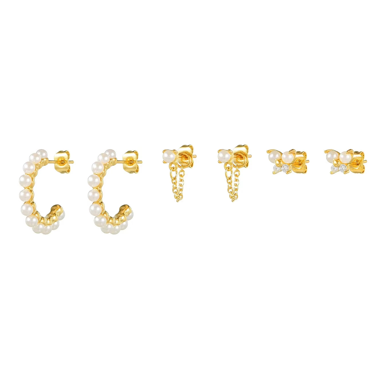 Luxury Pearl Earring Set C-shaped Hoop Studs Chain Earring Real Gold Plated Butterfly Design Jewelry Set for Women