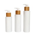 Bamboo Wood Pump White Plastic Bottle 100ML 120ML 150ml Flat Cylinder PET Empty Cosmetic Shampoo Lotion Packaging Container