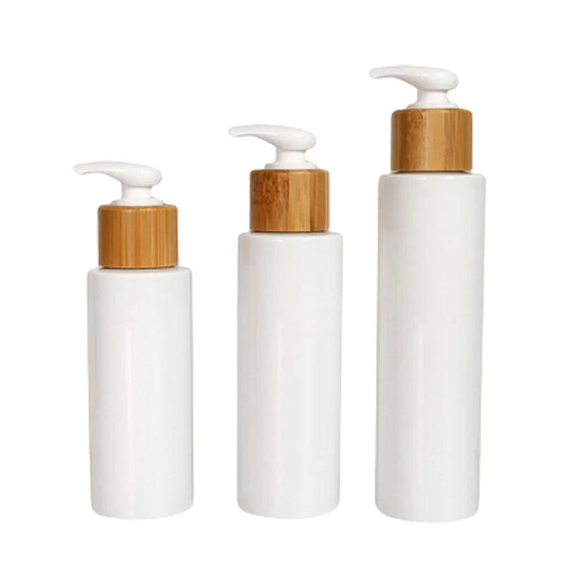 Bamboo Wood Pump White Plastic Bottle 100ML 120ML 150ml Flat Cylinder PET Empty Cosmetic Shampoo Lotion Packaging Container