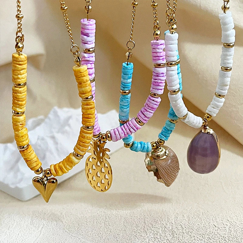 Wholesale Bohemian Fashion Necklace Gifts Non Tarnish Stainless Steel Pendant Necklace Vintage Natural Shell Necklace for Women