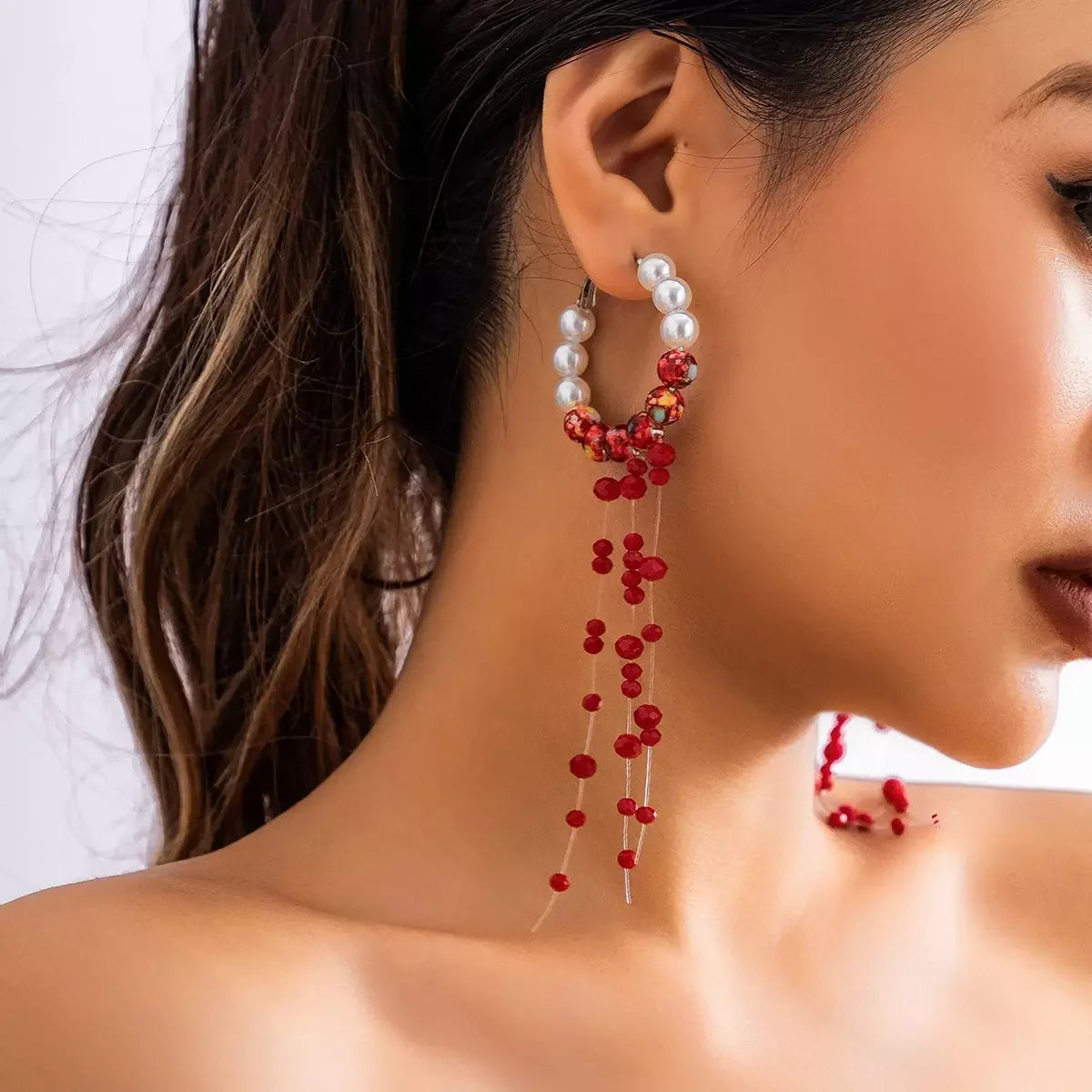 SHIXIN Steampunk Pearl Drop Earrings Women Red Acrylic Beads Tassel Pendant Earrings Jewelry Gothic Gifts Festival New Designs