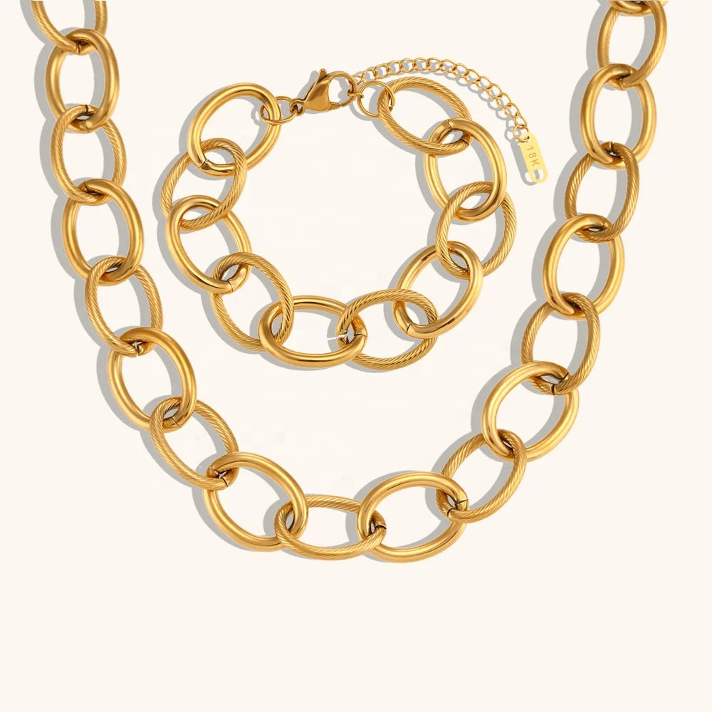 Dingran Vintage Style Jewelry Set Stainless Steel Gold Plated Link Chain Titanium Necklaces & Bracelet Manual Jewelry