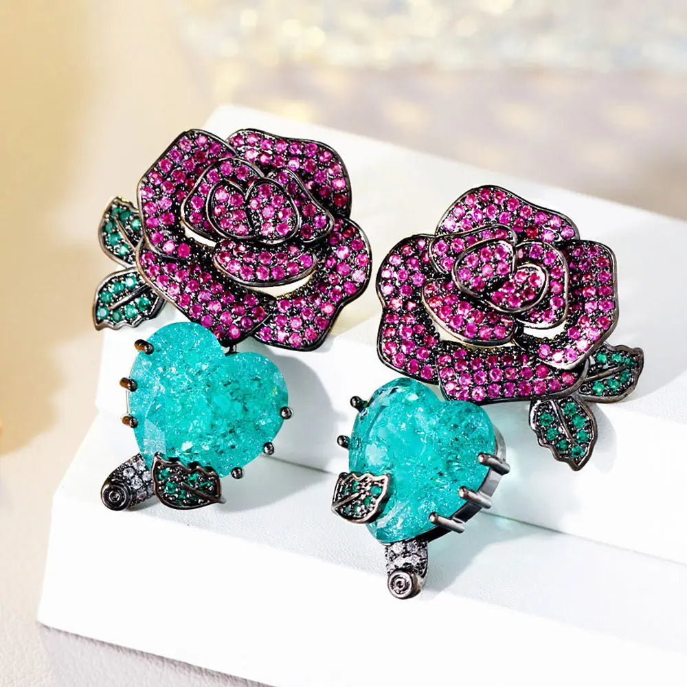 Classic Black Gun Plated Cubic Zirconia Red Rose Flower and Green Heart Leaf Shaped Dangle Drop Party Earrings Jewelry for Women
