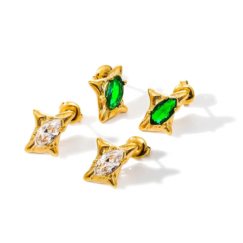Fashion Jewelry 18K Stainless Steel Gold Plated Untarnished Elegant Green Zircon Irregular Stud Earrings