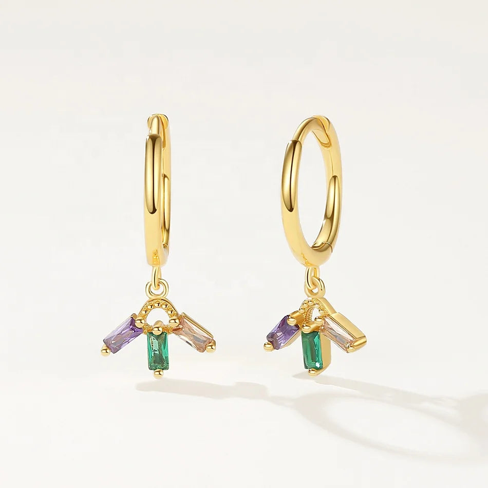 Nagosa Women Accessories 925 Sterling Silver Gold Vermeil Colorful baguette Cubic Zirconia Dangle Hoop Earrings