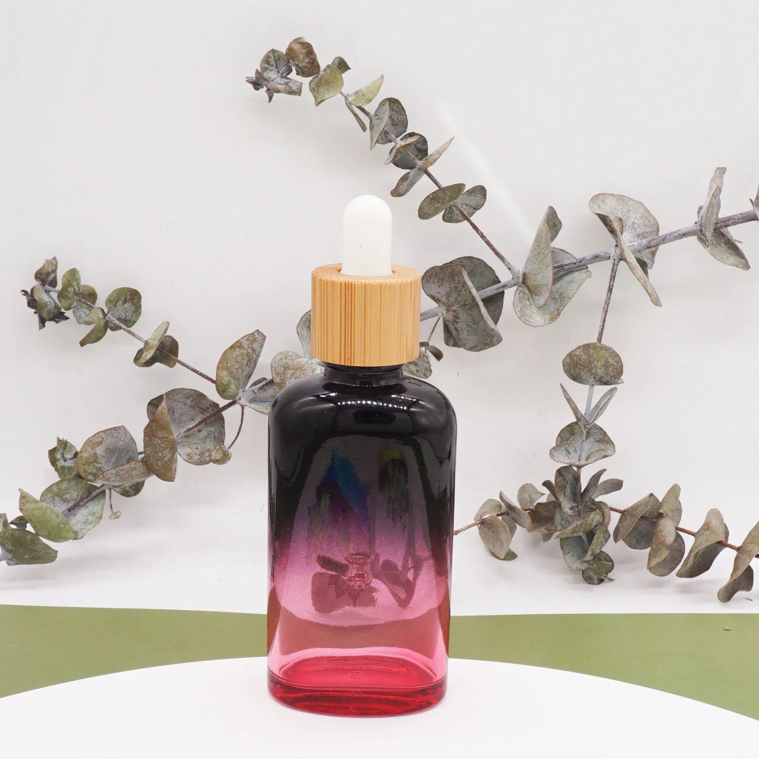 50ml Black Red Gradient Oblate Glass Bottle Dropper 30ml with Bamboo Collar Dropper  Lid
