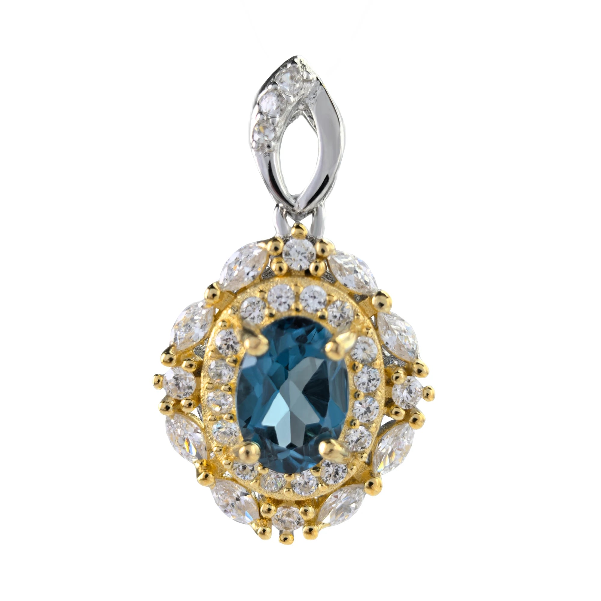Trendy Rhodium and Gold Plated Silver 925 Jewelry Natural London Blue Topaz Pendant for Women Birthday Gift