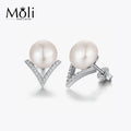 Fashion Jewelry V Shape Sterling Silver Freshwater Genuine 7-8mm Button Pearl Stud Earrings
