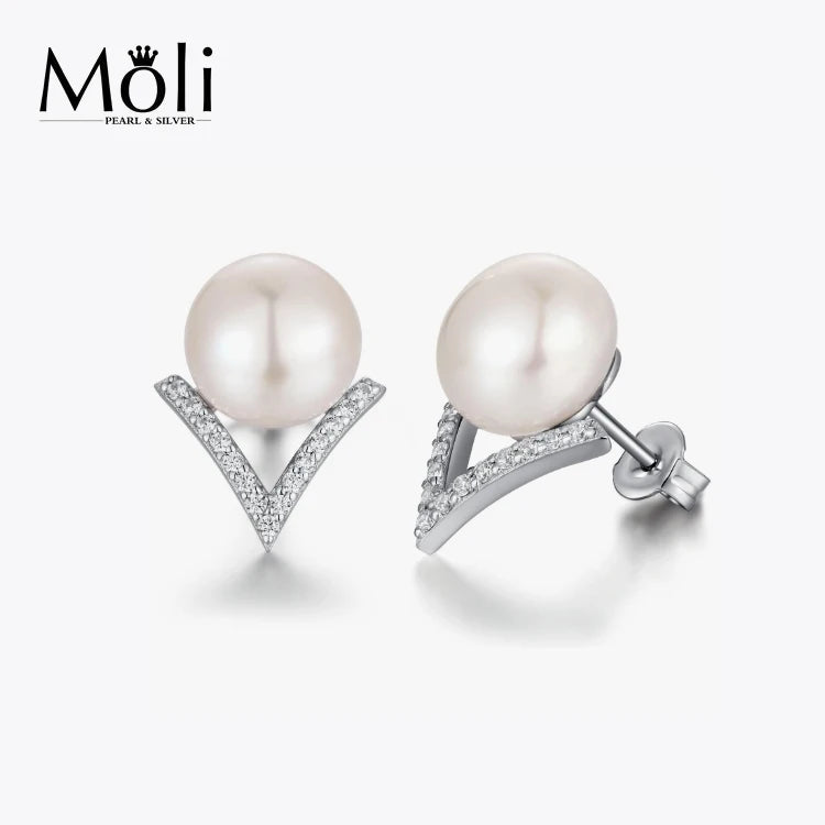 Fashion Jewelry V Shape Sterling Silver Freshwater Genuine 7-8mm Button Pearl Stud Earrings