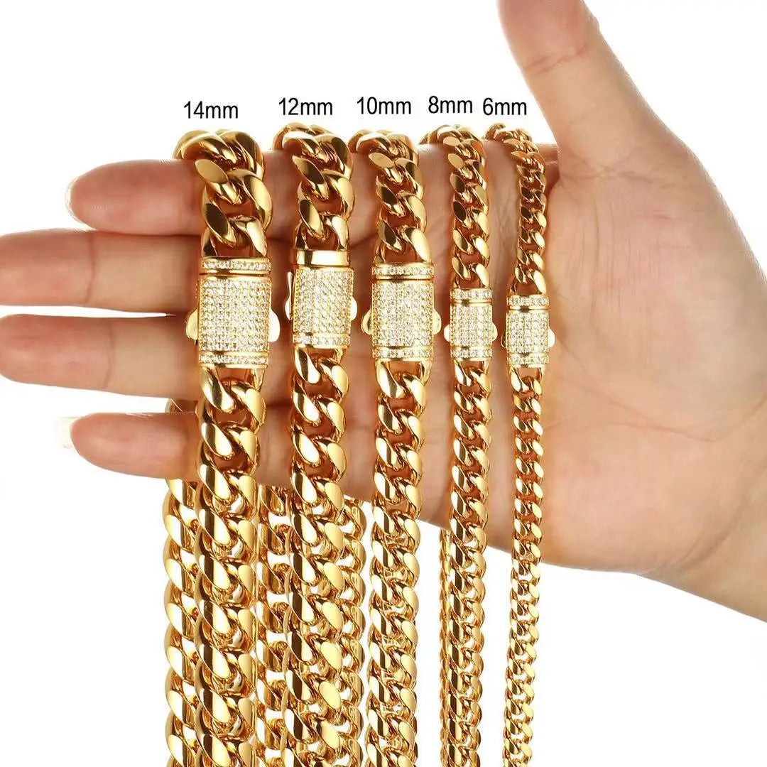 Cross-border European and American Gold Cuban Necklace White Zircon Micro-inset Locking Chain Encryption 6mm-14mm