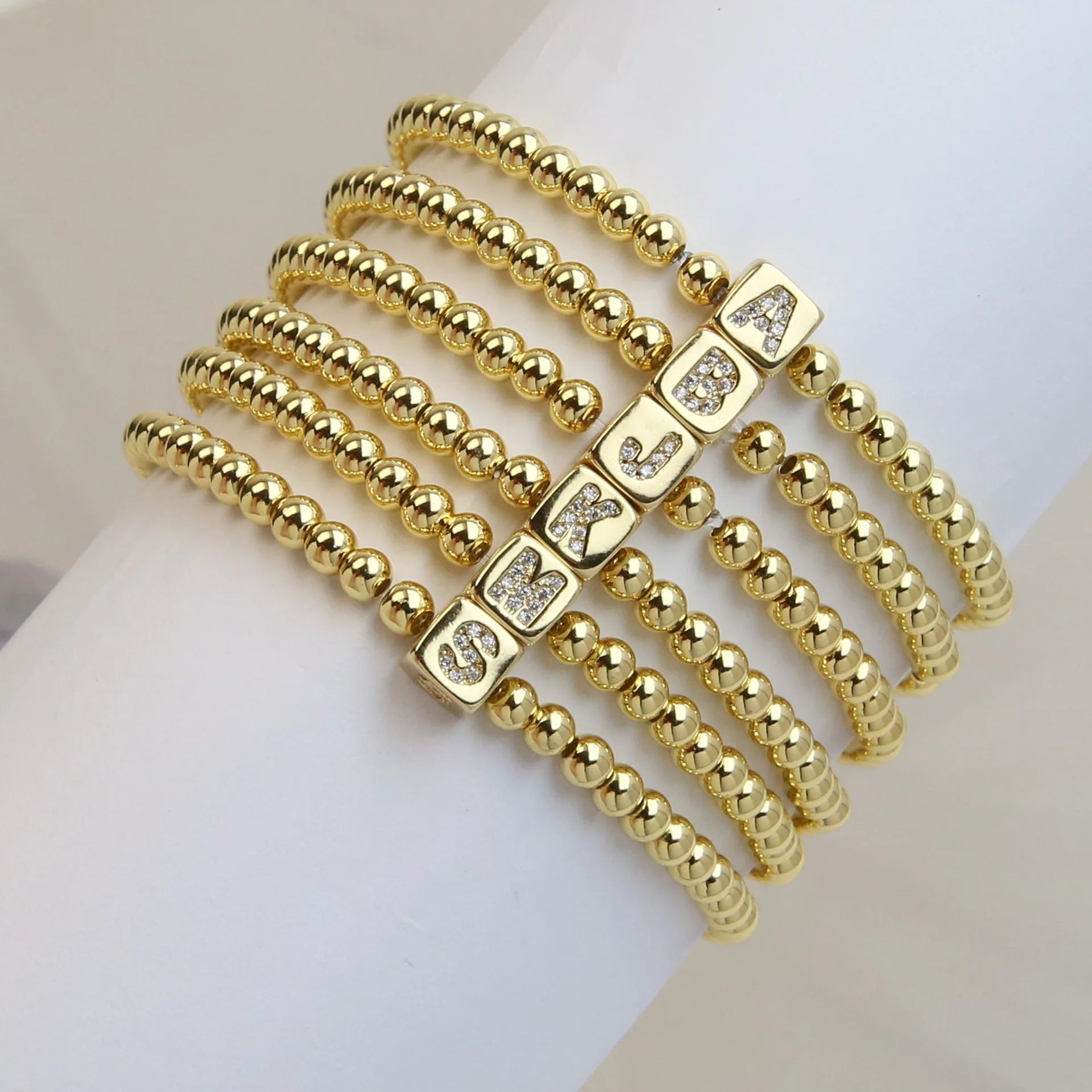 Factory Wholesale Initial Bracelets 18K Real Gold Square Zircon 26 Letter Copper Beads Flexible Elastic Cord Bracelet Stacking