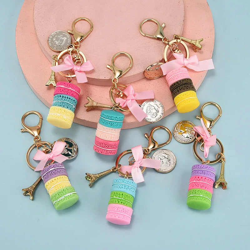 eiffel Tower Souvenir Ribbon Bow Macaron Keychain Cute Candy Colored Food Three Layer Macaron Cake Keychain Bag Charms for Women