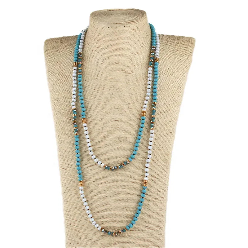 Fashion Jewelry Knotted Crystal Glass and Alloy Spacer 150cm Long Necklace