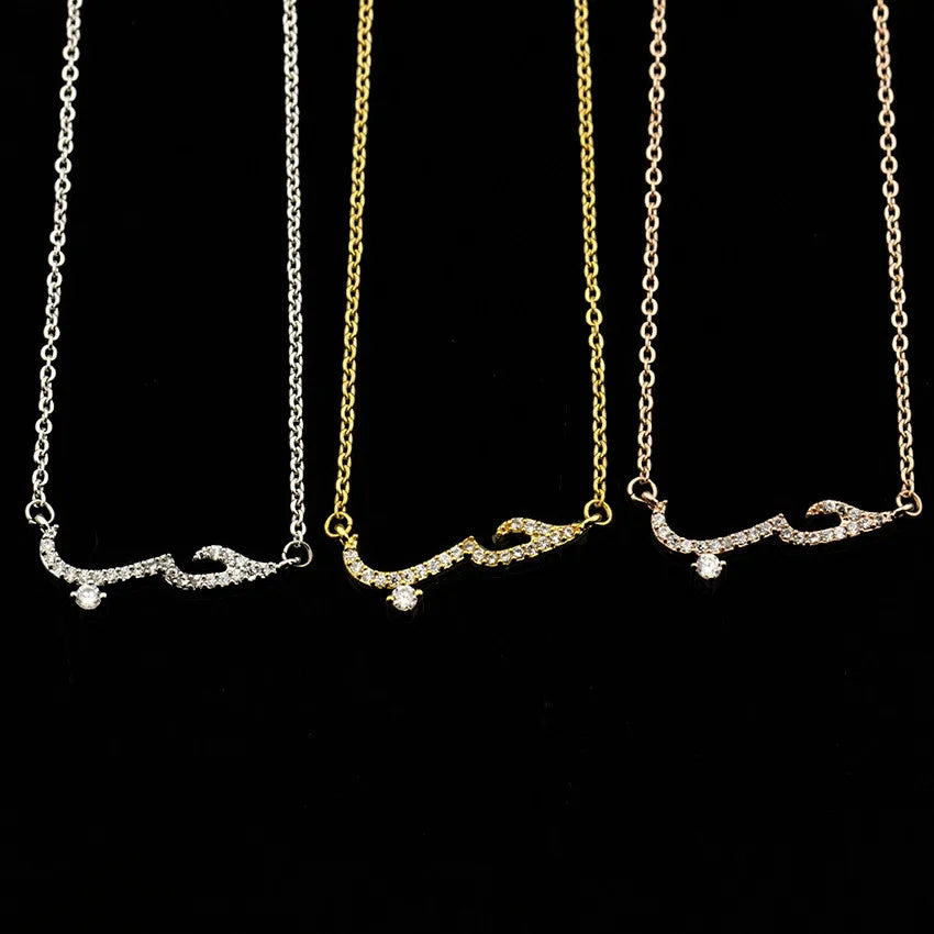Fashion Jewelry Arabic Language Letter Gold Plated Stainless Steel Crystal Love Crystal Necklace
