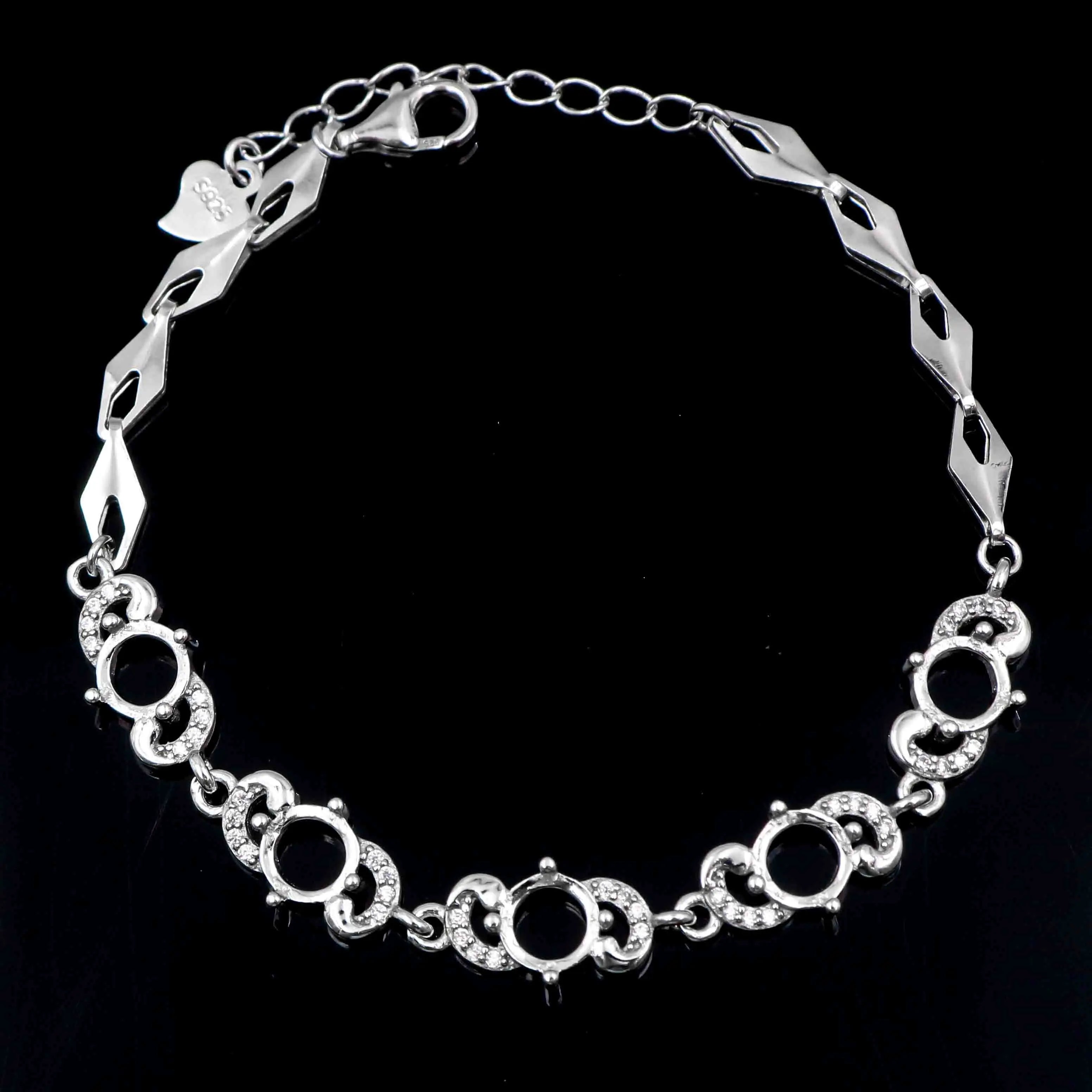 Sterling Silver 6*6mm Semi Mount Bracelet Empty Support Blank Claws Setting S925 Base Holder Without Center Stone Inlay for DIY