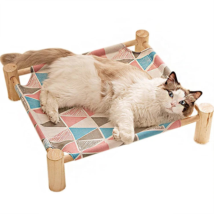 Portable Pet Bed for Cats and Dogs Elevated Wooden Design with Removable Washable Oxford Fabric Print Pattern