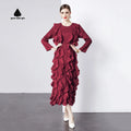 Women's Burgundy Ruffle Dress Set Long Sleeve Layered Midi Dress Elegant Casual Party Evening Wear Pleated Design Dresses