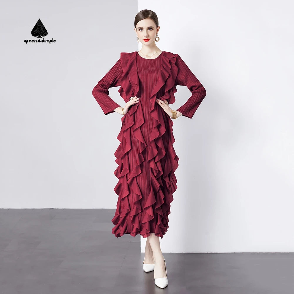 Women's Burgundy Ruffle Dress Set Long Sleeve Layered Midi Dress Elegant Casual Party Evening Wear Pleated Design Dresses