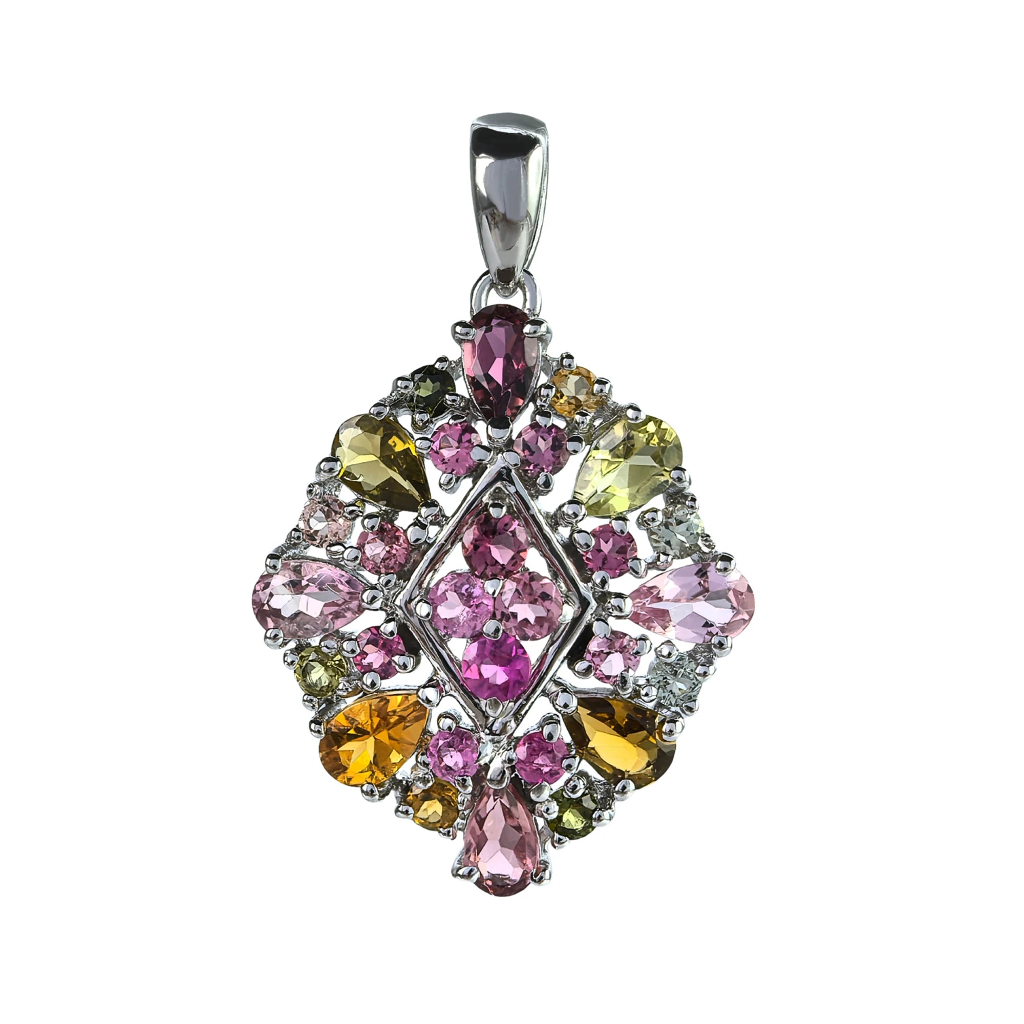 Dazzling Rhodium Plated Silver 925 Jewelry Natural Tourmaline Flower Pendant for Women Anniversary Gift