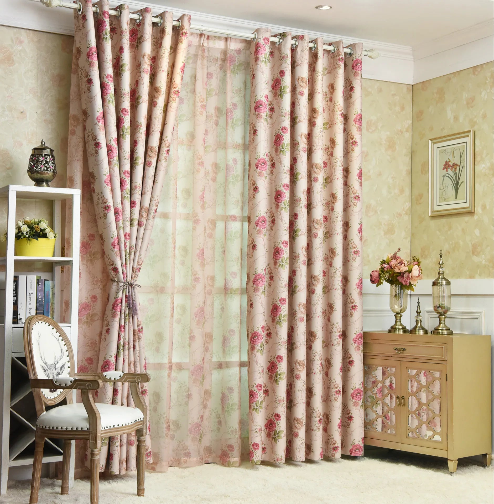 European Style Polyester Blackout Pink Floral Printed Curtains American Country Style Window Balcony Curtains