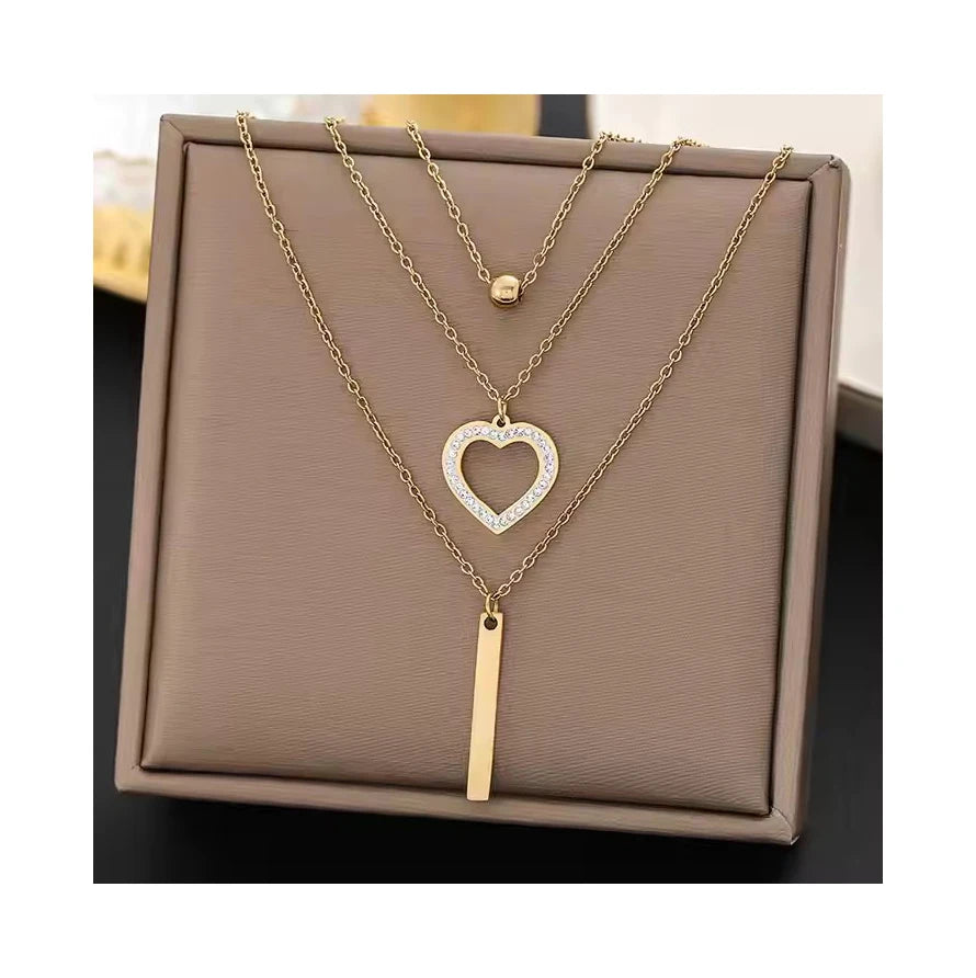 Fashion Stainless Steel Multilayer Gold Plated Necklace Geometric Pendant Crystal Zircon Love Heart Necklace for Women