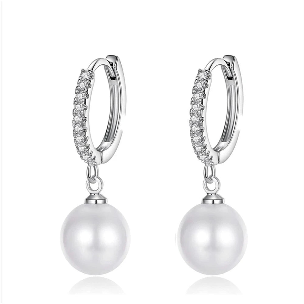 Dainty 925 Silver Gold Plated Zircon Hoop Drop Pearl Earring Jewelry for Women Ladies