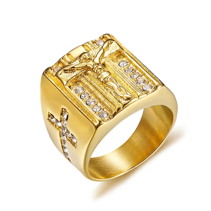Wholesale Crystal PVD 18K Gold Plated 316l Surgical Stainless Steel Mens Jesus Christ Cross Rings