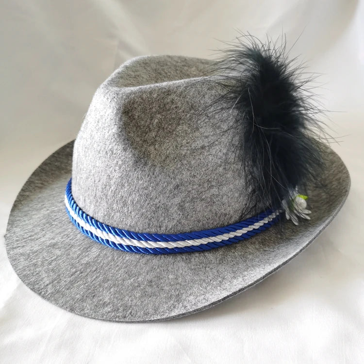 German Bavarian Grey Felt Alpine Oktoberfest Costume Hat W/Feather