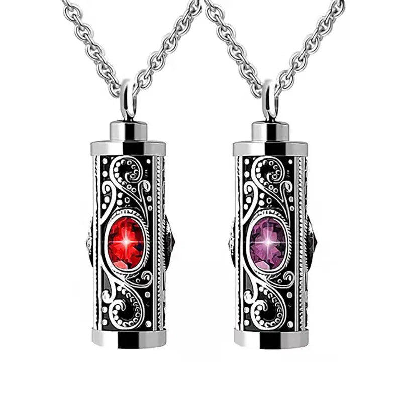 OEM ODM Twelve Birthstone Urn Necklace Pendant Can Open Ashes Vintage Cylindrical Design Necklace Stainless Steel Pet Urn