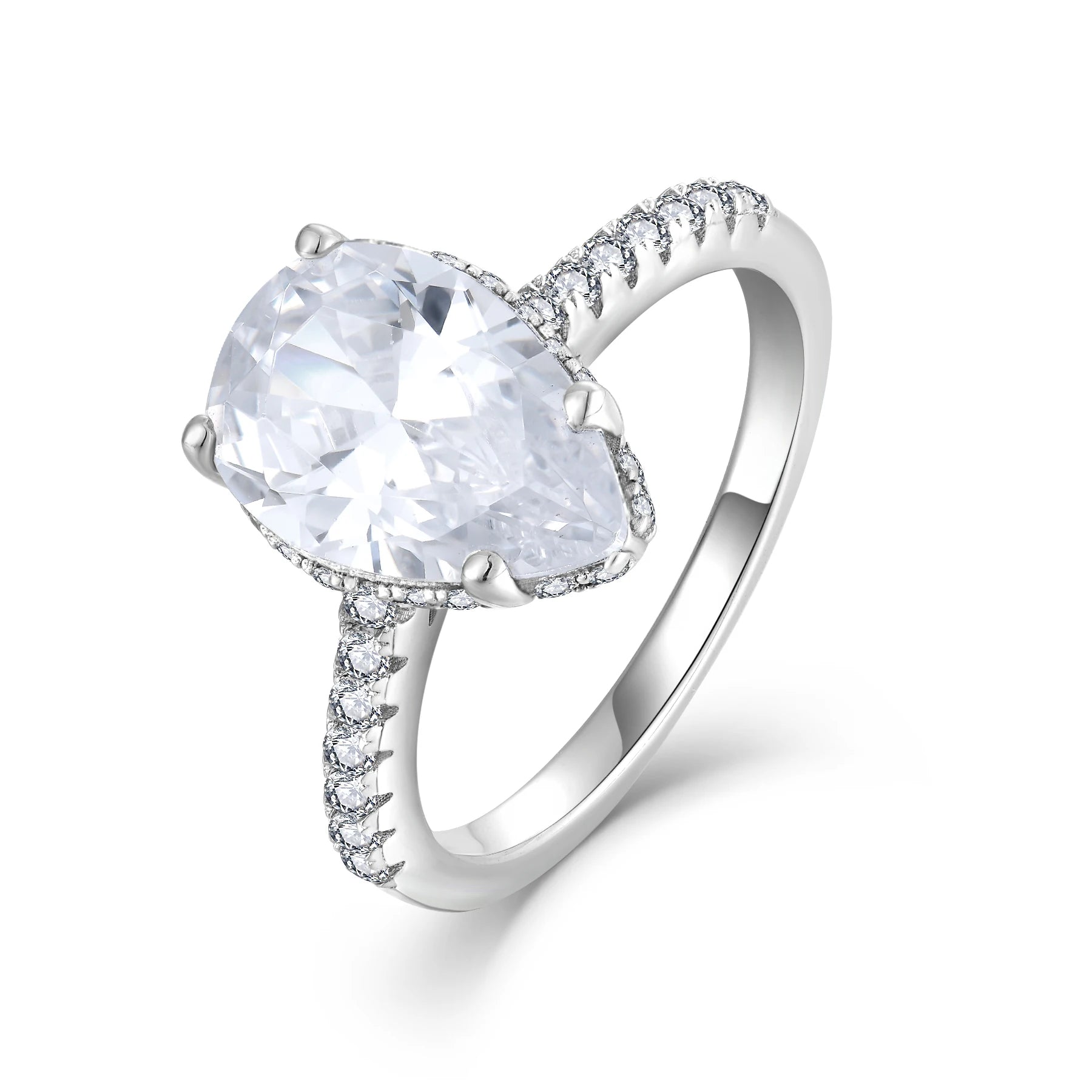 Sparkling Zirconia Bridal Engagement Jewelry Luxury Rhodium Plated 925 Sterling Silver Pear Shaped Solitaire Ring for Women