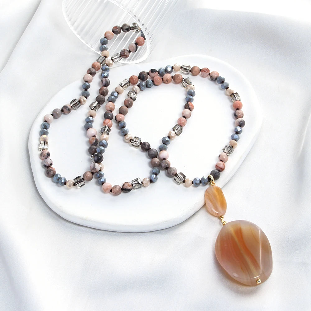 New Bohemian Style Women Autumn/Winter Jewelry 6mm Natural Stone Glass Knotted Necklace Geometric Curved Agate Pendant Necklace