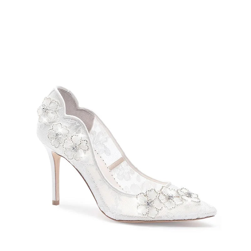 2024 Summer Custom Women White High Heels Lace Bridal Shoe Pumps With Flower Decoration Slip-On Stilettos and Point Toe Style