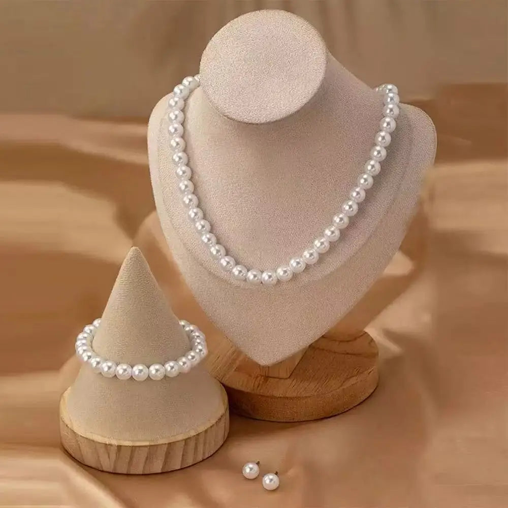 PFT Sell 8mm Imitation Pearl Necklace Bracelet Earrings Three Piece Set Fashionable Women's Pearl Jewelry Set Wholesale MegaBDM
