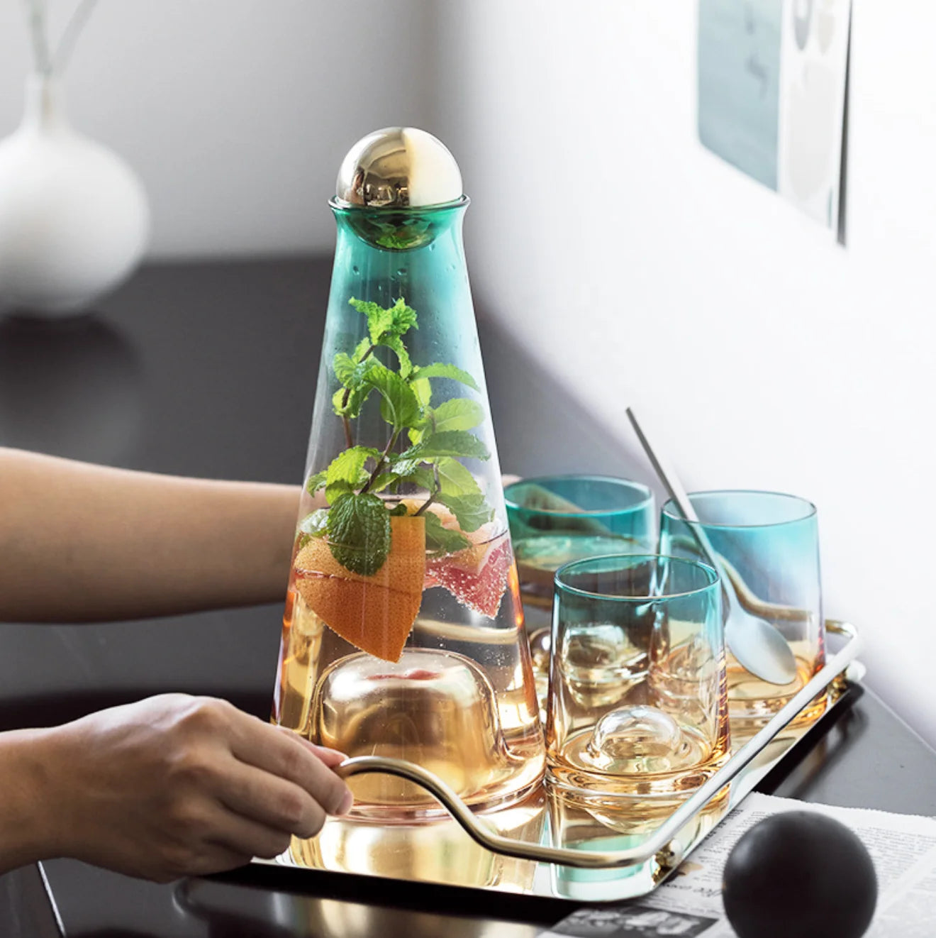 Nordic Creative Glass Cold Boiled Water Amber Cold Water Kettle Cup Set Lemon Tea Juice Pot Tie Water Bottle