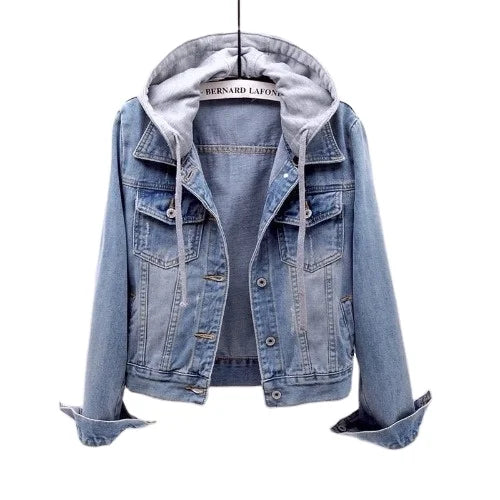 Women Denim Coat Hooded Single Breasted Button Jackets Hooded Patchwork Outerwear Solid Pockets Streetwear