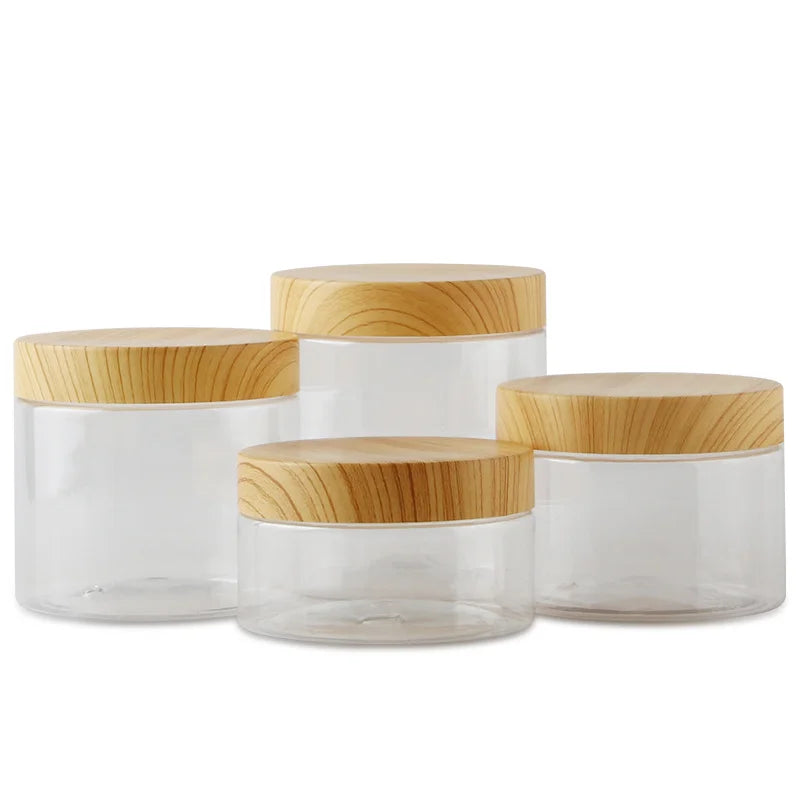 Custom 200ml 300ml 400ml 500ml PET Clear Cosmetic Packaging Eye Cream Jar with Wood Screw Cap