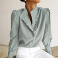 Enyami Elegant Single-breasted Puff Long Sleeve Turtleneck White Blue Shirt Office Ladies Tops Casual Womens Blouse