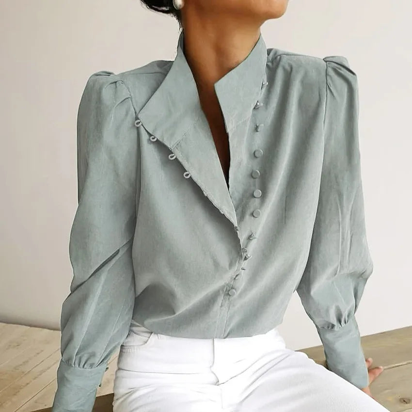 Enyami Elegant Single-breasted Puff Long Sleeve Turtleneck White Blue Shirt Office Ladies Tops Casual Womens Blouse